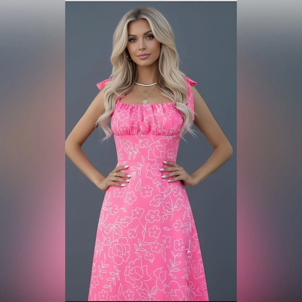 Last One 🔥 Pink Chiffon Floral Print Tie Shoulder Ruched Bust Cami Dress - Picture 1 of 8